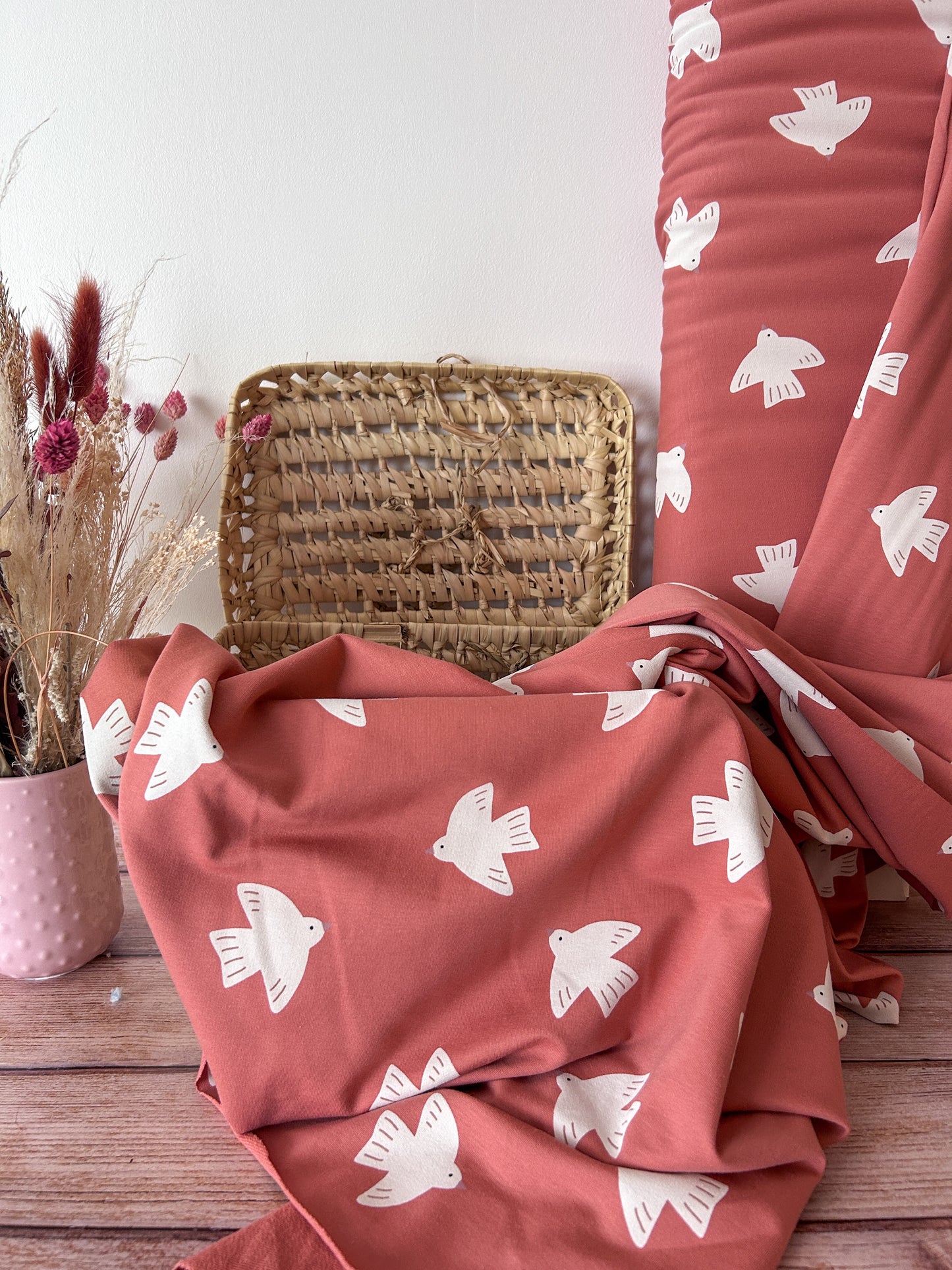 Tissu French Terry Oiseaux non brossé – Fond brique